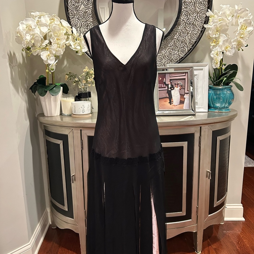 Black Y2K Sheer lace V-Neck Chemise Slip dress size 12 gothic fairycore